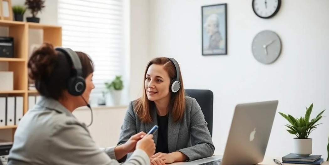 Shows an audiologist doing a hearing test on a woman with hearing loss.